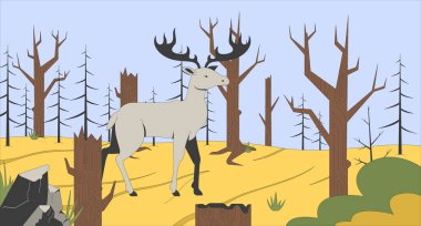 Ormanların tahrip edilmesi, düz çizim. Woodland faciası. Ölü ağaçlarla ormanda yürüyen geyik. 2 boyutlu karakter karikatürü. İklim krizi doğa sahnesi vektör hikaye anlatımı imajı üzerinde etkisi