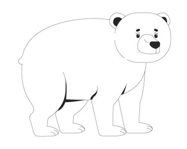 Şişko kutup ayısı, siyah beyaz 2D çizgi karakteri. Kuzey bölgeleri fauna. Düşünceli ifadeye sahip hayvan avcısı, izole edilmiş vektör dış görünüş kişiliği. Monokromatik nokta çizimi