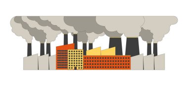 Büyük sis bulutu 2D karikatür nesneli üretim tesisi. Zehirli kirleticiler ile endüstriyel kompleks zarar veren çevre beyaz zemin üzerinde izole element düz vektör klipsyon. Benek illüstrasyonu