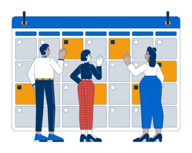 Çalışma planı 2D illüstrasyon. Kurumsal etkinlikleri planlıyorum. Çok ırklı iş adamları takvimdeki beyaz karikatür tarihlerini kontrol ediyor. Metafor soyut düz vektör grafiği