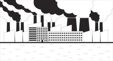 Endüstriyel bitki hava kirliliği siyah beyaz çizgi çizimi. İklim krizi. Nehir kenarındaki 2D peyzaj monokrom zemin üzerinde büyük bir üretim kompleksi. Toksik zararlı ekosistem ana hatları vektörü