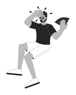 Üzgün Afro-Amerikalı adam aşırı ısınan siyah-beyaz 2D çizgi karakterinden muzdarip. Siyah erkek, izole edilmiş, sıcak bir günde yelpaze sallıyor. Monokromatik nokta çizimi