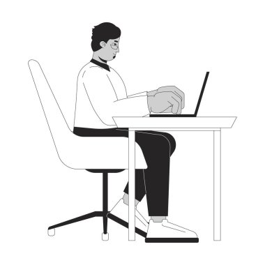 Arap adam dizüstü bilgisayarı siyah-beyaz 2D çizgi karakteri ile masada oturuyor. İş yerindeki Orta Doğulu erkek şirket yöneticisi izole edilmiş vektör çizgisi kişisi. Monokromatik nokta çizimi