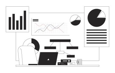 Corporate analysis workspace laptop black and white 2D illustration concept. Pie charts bar graph notebook desk chair. Review diagrams outline background isolated. Metaphor monochrome vector art clipart