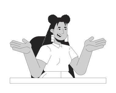 Latin bir kadının siyah-beyaz 2D çizgi karakterine gülümsemesi. Dikkatsiz kadın, İspanyol yetişkin, izole edilmiş vektör çizgisi kişisi. Monokromatik nokta çizimi