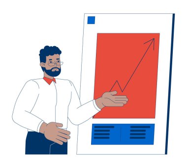 Siyahi iş adamı 2D çizgi film karakteri gösteriyor. Finansal grafik sunan Afrikalı Amerikalı satıcı beyaz arka planda izole edilmiş bir kişi. Benek illüstrasyonu renkli