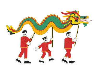 Çin Yeni Yıl Ejderhası çizgi filmi düz çizim. Asyalı çocuklar için bahar festivali. Genç ejderha dansçıları beyaz arka planda izole edilmiş cny 2D karakterler sırasında gösteri yapıyorlar. Vektör renkli resim