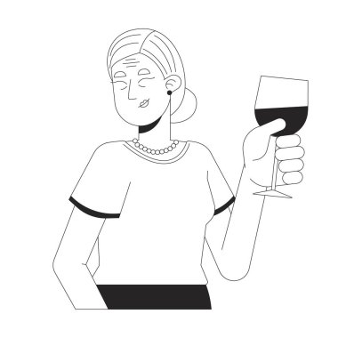 Seçkin Çinli son sınıf öğrencisi, kadeh kaldıran siyah-beyaz 2D çizgi karakteri. Gülen Asyalı yaşlı kadın elinde şarap kadehi taşıyan izole edilmiş taşıyıcı şahıs. Monokromatik nokta çizimi