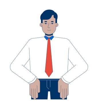 Indian man shirt tie office worker hands on hips 2D cartoon character. Young adult employee intern confident power pose isolated person flat vector on white background. Spot illustration colorful clipart