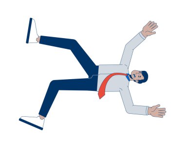 Hintli eleman ofis 2D çizgi film karakteri kayıp düştü. Güney Asyalı şirket adamı düşüyor. Kazara beyaz arka planda izole edilmiş düz bir insan vektörü tökezledi. Benek illüstrasyonu renkli