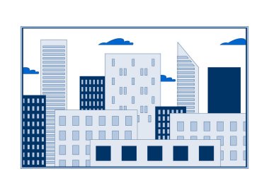 Şehir manzarası gökdelenleri çerçeve 2D karikatür nesne. Şehir binalarının pencereleri dikdörtgen. Şehir yapıları, şehir merkezindeki ufuk çizgisi izole element düz vektör klipsi beyaz arka planda. Benek illüstrasyonu