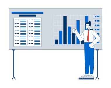 Erkek ofis çalışanı, baro şeması sunum tahtası 2D çizgi film karakterini inceliyor. Kafkas çalışan analist şirket raporuna göre beyaz arka planda bir düz vektör izole edilmiş. Benek illüstrasyonu renkli