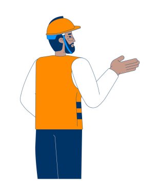 Black male construction worker giving directions 2D cartoon character. Industrial supervisor in safety vest and hardhat isolated person flat vector on white background. Spot illustration colorful clipart