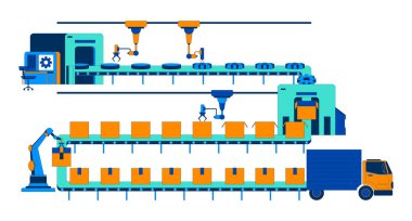 Vites üretim deposu taşıma bandı 2D illüstrasyon konsepti. Parça tekerlek otomasyon fabrikası endüstriyel ekipman karikatür sahnesi beyaza izole edildi. Metafor soyut düz vektör grafiği