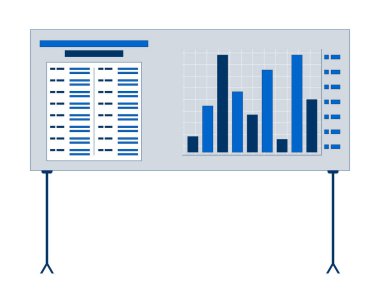 Bar çizelgesi 2D karikatür nesnesi olan sunum tahtası. Seminer veri gösterimi. Şirket bildiriyor. Performans ölçümleri beyaz arkaplanda izole edilmiş element düz vektör klibiyle grafiğini çizer. Benek illüstrasyonu