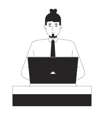 Beyaz, ofis çalışanı, masa başı siyah-beyaz 2D çizgi karakterinde dizüstü bilgisayar yazıyor. Sakallı erkek kravat, not defterinde çalışan, izole edilmiş vektör çizgili kişi. Monokromatik nokta çizimi