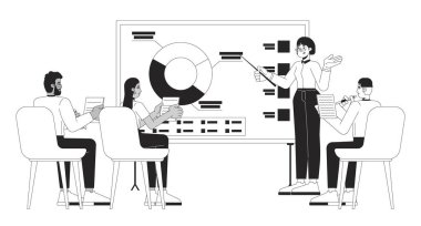 Ofis çalışanları analitik olarak siyah-beyaz çizgi karakterleriyle buluşuyor. Whiteboard veri sunucusu kadın, farklı meslekdaşlar izole edilmiş vektör ana hatlarını not alıyorlar. Monokromatik nokta çizimi