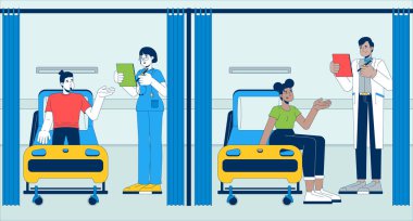 Acil servis hastalarının düz çizimi. Acil servis. Hastane yataklarında çeşitli insanlar hekim, hemşire 2D karakter çizgi film geçmişi ile konuşuyor. Tıbbi bakım sahnesi vektör hikaye anlatımı