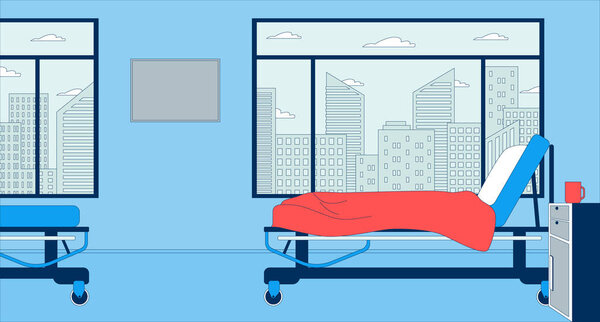 Empty hospital ward with adjustable bed on rolling wheels flat illustration. Hospitalization room 2D interior cartoon background. Hospital admission. Private clinic sickroom scene vector image