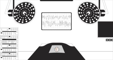 Boş bir ameliyathane, siyah beyaz çizgi çizimi. Ameliyathanede. Ameliyat masasında 2D iç mekan monokromu var. Cerrahi lambalar, tıbbi ekipmanlar, beyin dalgalarının ana hatlarını görüntüleyin.