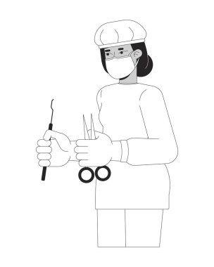 Cerrahi aletler taşıyan önlüklü Hintli kadın cerrah siyah-beyaz 2B çizgi karakteri. Tıbbi aletleri olan bir sağlık çalışanı vektör anahatlarını izole etti. Monokromatik nokta çizimi