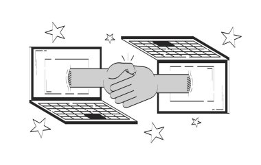 İki dizüstü bilgisayarı birbirine bağlayan sanal tokalaşma çizgi çizimi konsepti. Anlaşma dijital. Defterlerin arasında iki el sallanıyor. 2 boyutlu ana hatlar izole edilmiş. El çizimi monokrom