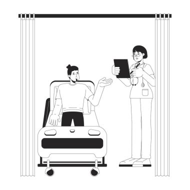 Kadın hemşire, hastane odasında erkek hasta tartışması siyah-beyaz 2D çizgi karakterler. Hastanedeki izole edilmiş yetişkin vektör ana hatlarıyla tıbbi etkileşim. Monokromatik nokta çizimi
