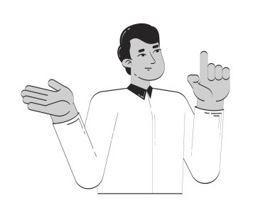 Sıradan bir Hintli adam parmak kaldırarak çizgisel karakteri açıklıyor. Güney Asyalı eğitmen, 2D vektör taslağı öğretiyor. El çizimi illüstrasyon monokrom