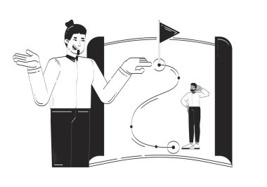 İş danışmanlığı karalama çizgisi çizimi konsepti. Kariyer geliştirme. Girişimcinin başarılı bir yol haritası oluşturmasına yardımcı olan eğitmen 2D ana hatlarını izole etti. El çizimi mürekkep tek renkli resim