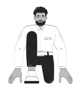 Afrikalı Amerikalı girişimci koşucu başlangıç pozisyonunda çizgisel karakter karalıyor. Siyah erkek yönetici 2D vektör ana hatlarıyla izole edildi. El çizimi illüstrasyon monokrom