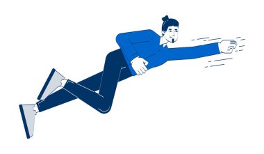 Kafkasyalı mutlu bir adam 2D karalama karakteriyle uçuyor. İş kariyeri. Genç erkek ofis çalışanı hedef karikatür insan vektörüne ulaşıyor ve beyaz üzerine izole edilmiş şekilde çiziliyor. El çizimi illüstrasyon renkli