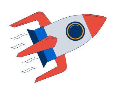 Flying spaceship 2D doodle object. Outer space exploration vehicle. Travelling by rocket in cosmos cartoon element flat vector clipart isolated on white background. Hand drawn illustration clipart