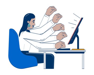 Stresli Arap kadın bilgisayar 2D karalama karakteri üzerinde çalışıyor. Kadın şirket çalışanı, beyaz üzerine izole edilmiş karikatür insan vektörü çizerek acele ediyor. El çizimi illüstrasyon renkli