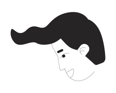 Minimalist profile of smiling man with wavy hairstyle black and white 2D line character. Stylized face male, artistic expression isolated vector outline person. Monochromatic spot illustration clipart