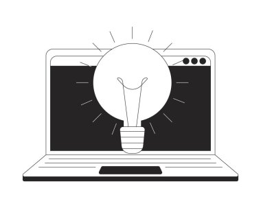 Açık dizüstü bilgisayara karşı siyah-beyaz 2B çizgi nesnesine karşı ampul fikri. Çevrimiçi çözümler. Parlak ampul not defteri teknolojisi izole edilmiş klipsli sanat vektörü ana hatları ögesi. Monokromatik nokta çizimi