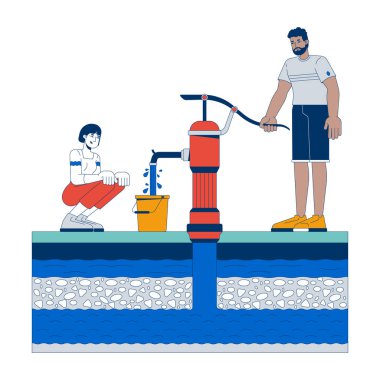 Hand water pump usage for groundwater extraction cartoon flat illustration. Black man filling bucket with waterpump, woman crouching 2D characters isolated on white background. Vector colorful image clipart