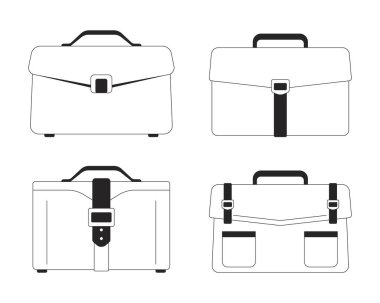 Profesyoneller için dört evrak çantası siyah-beyaz 2D hat nesneleri. İş aksesuarları. İş yeri gereksinimleri izole edilmiş klip sanatsal vektör ana hatları eşya koleksiyonu. Tek renkli benek çizimleri
