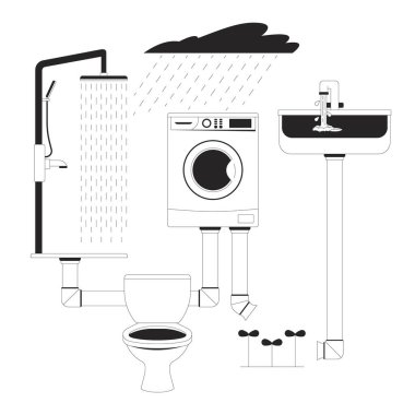 Greywater reuse system for domestic use black and white 2D illustration concept. Shower, washer, sink, toilet and rainwater irrigation outline composition isolated. Metaphor monochrome vector art clipart