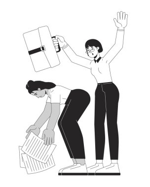 Organize olmayan çalışanlar, çeşitli kadın siyah-beyaz çizgi karakterler. Evrakları seçen iş kadını, elinde evrak çantası tutan iş kadını izole edilmiş vektör taslağı olan insanlar. Monokromatik nokta çizimi