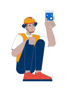 İspanyol erkek işçi beher 2D çizgi film karakteri içinde su örneğini inceliyor. Su kalitesi testi. Latin Amerikalı adam beyaz arka planda yassı bir vektörü izole etti. Benek illüstrasyonu renkli