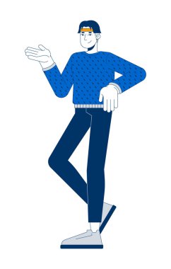 2D çizgi film karakteri gibi giyinmiş, kazaklı sıradan bir Asyalı adam. Koreli erkek rahat duruşu beyaz arka planda izole edilmiş kişi düz vektörü. Benek illüstrasyonu renkli