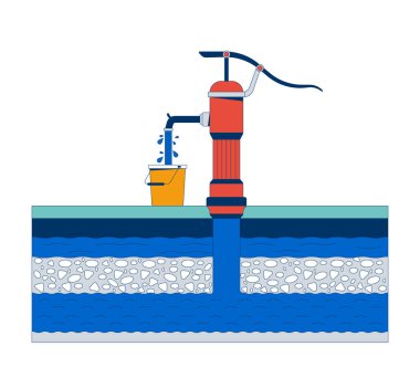 El suyu pompası, yeraltı suyunu karikatür düz çizimine dönüştürüyor. Kesilmiş yeraltı su katmanları. Kırsal kullanım alanı, beyaz arka planda izole edilmiş 2D sahne. Vektör renkli resim