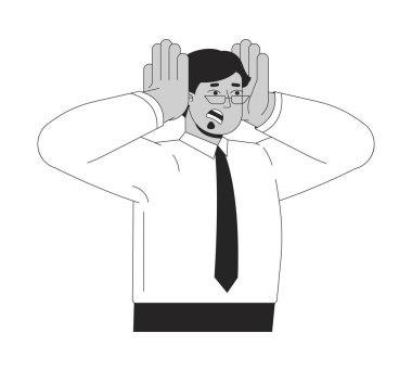 Hüsrana uğramış Arap işadamı, siyah-beyaz 2B çizgi karakteri ile el ele tutuşuyor. Profesyonel mücadele. Stresli ofis çalışanı vektör hatlarını belirleyen kişiyi izole etti. Monokromatik nokta çizimi