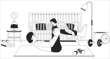 Çocuk odası siyah-beyaz çizgili resimde ebeveyn-çocuk oyun zamanı. Anne yeni yürümeye başlayan çocuk yoga minderi 2D karakter monokrom arka planı üzerine eğlenceli bir egzersiz yapıyor. Ev fitness ana hatları vektör görüntüsü