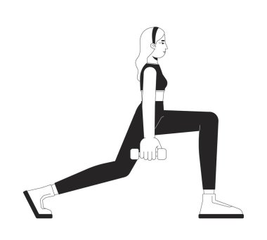 Blonde woman performing lunges while holding dumbbells black and white 2D line character. Caucasian female in sports bra and leggings isolated vector outline person. Monochromatic spot illustration clipart