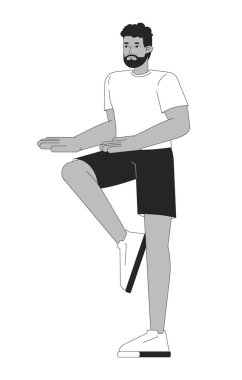 Siyah-beyaz iki boyutlu çizgi karakteri üzerinde dengede duran Afrikalı Amerikalı bir adam. İstikrar eğitimi. Siyah adam tişört giyiyor ve kısa şort giyiyor. Monokromatik nokta çizimi