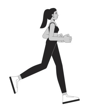 Orta Doğulu kadın tozluklarla koşuyor siyah-beyaz 2D çizgi karakteri. Spor ayakkabılı aktif kadın koşucu ve at kuyruklu yalıtılmış vektör çizgili kişi. Monokromatik nokta çizimi