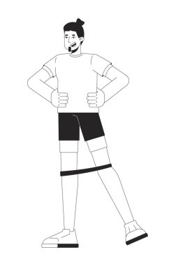 Beyaz adam, dizlerinin etrafında direnç bandıyla egzersiz yapıyor. Siyah-beyaz 2D çizgi karakteri. Alt vücut egzersizi. Kişisel antrenör vektör hatlarını izole etti. Monokromatik nokta çizimi