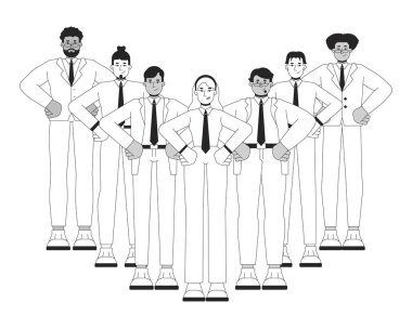 Kendine güvenen bir grup profesyonel siyah-beyaz 2B çizgi karakteri. Liderlik, takım çalışması. Kurumsal birlik. İş liderleri insanları izole etti. Monokromatik nokta çizimi