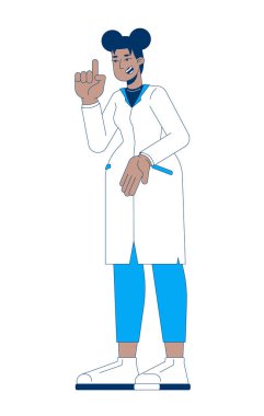 Laboratuvar önlüklü siyah kadın bilim adamı ve 2D çizgi film karakteri. BTMM araştırmacısı Afro-Amerikan kadın beyaz arka planda yassı insan vektörü izole etti. Benek illüstrasyonu renkli